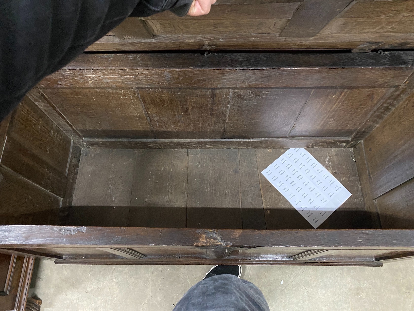 A late 17th century and later country panelled oak coffer, length 126cm, depth 55cm, height 64cm